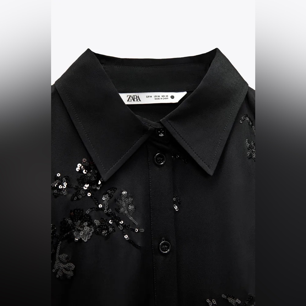 Zara NWOT black sequin satin matching 2 piece set - button shirt & pants - Picture 14 of 15